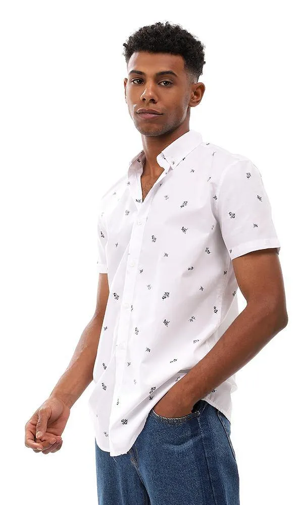 95009 Self Floral Short Sleeves Shirt - White & Navy Blue