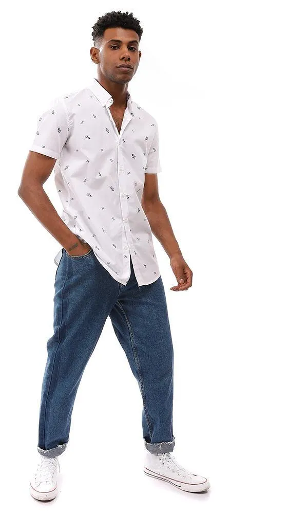 95009 Self Floral Short Sleeves Shirt - White & Navy Blue