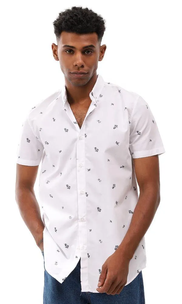 95009 Self Floral Short Sleeves Shirt - White & Navy Blue