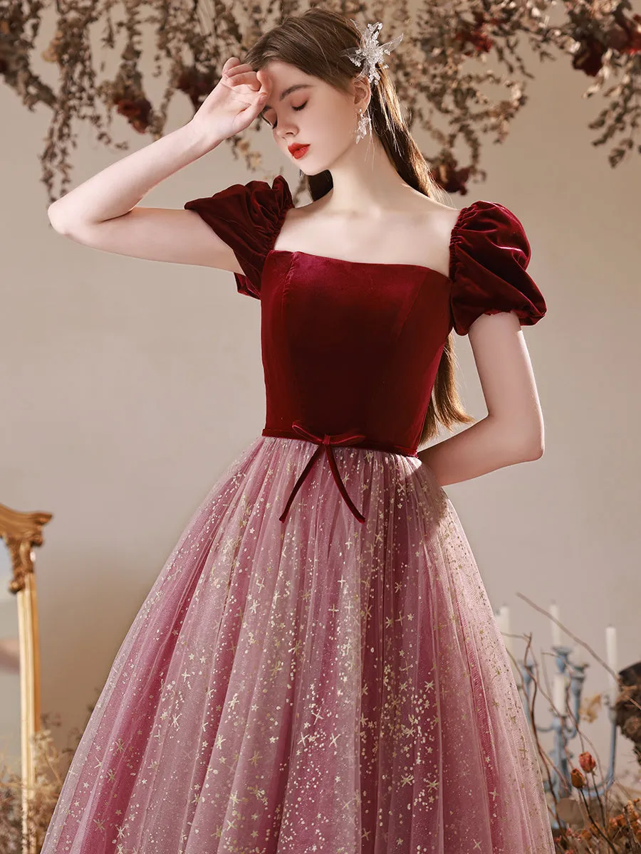 A-Line Burgundy Tulle Long Prom Dress, Burgundy Evening Dress with Velvet