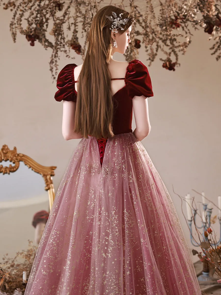 A-Line Burgundy Tulle Long Prom Dress, Burgundy Evening Dress with Velvet