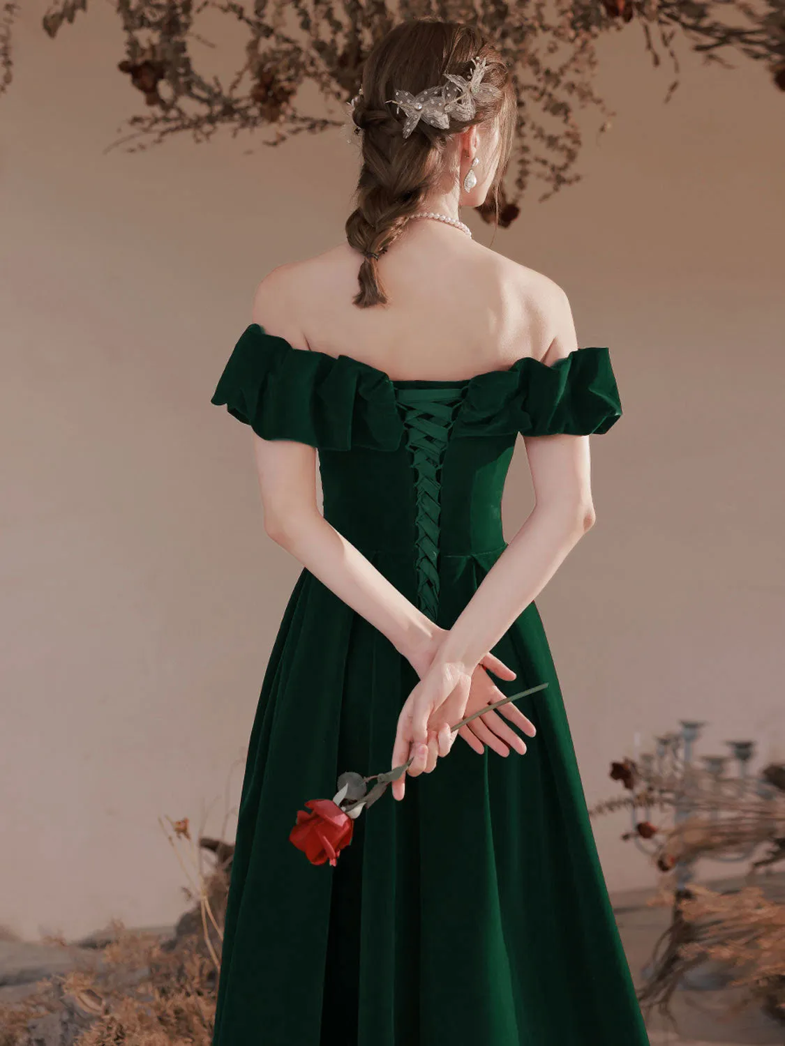 A-Line Off Shoulder Velvet Green Long Prom Dress, Green Formal Evening Dress