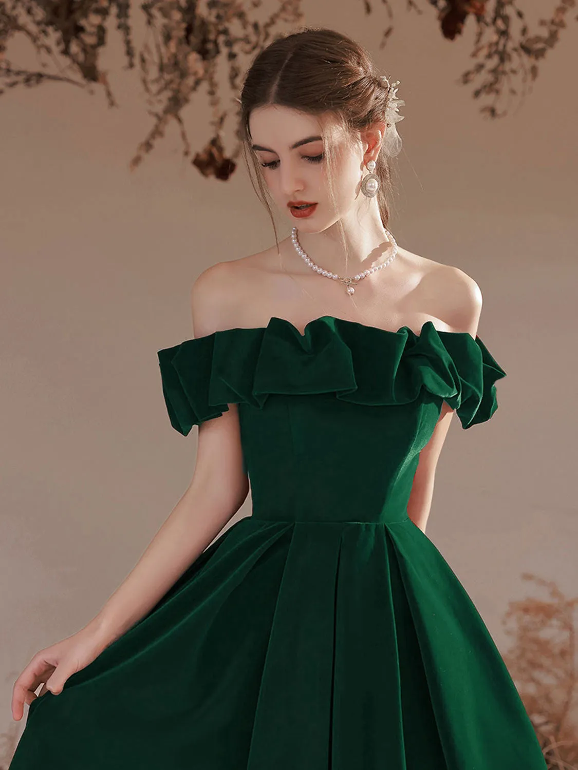 A-Line Off Shoulder Velvet Green Long Prom Dress, Green Formal Evening Dress