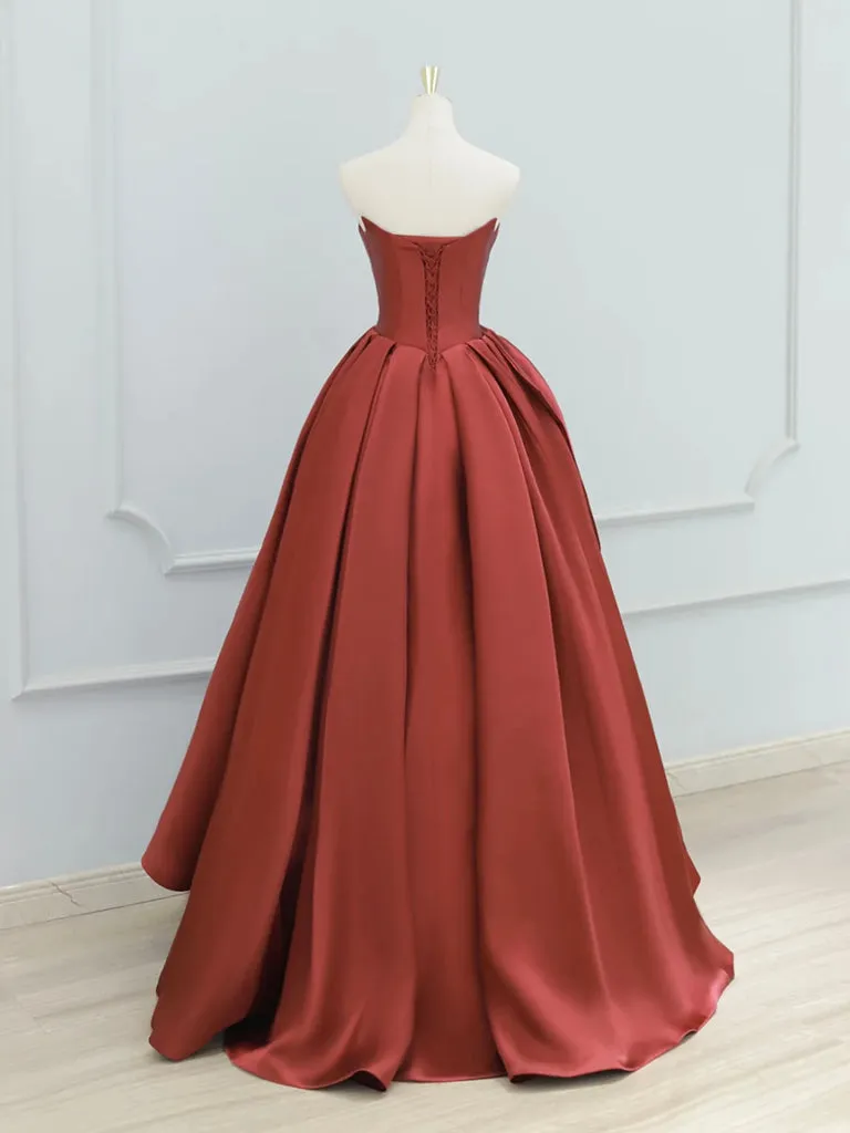 A-Line Satin Dark Red Long Prom Dress, Dark Red Formal Dress