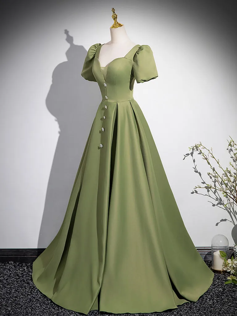 A-Line Short Sleeve Satin Green Long Prom Dress, Green Long Formal Dress