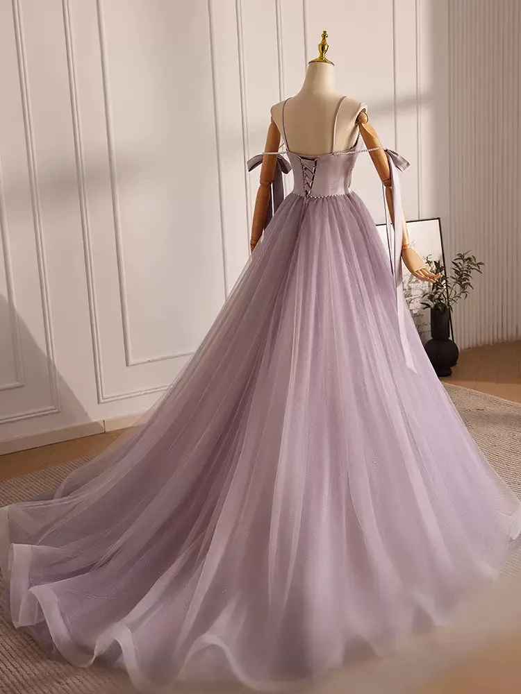 A-Line V Neck Tulle Beads Purple Long Prom Dress, Purple Long Formal Dress