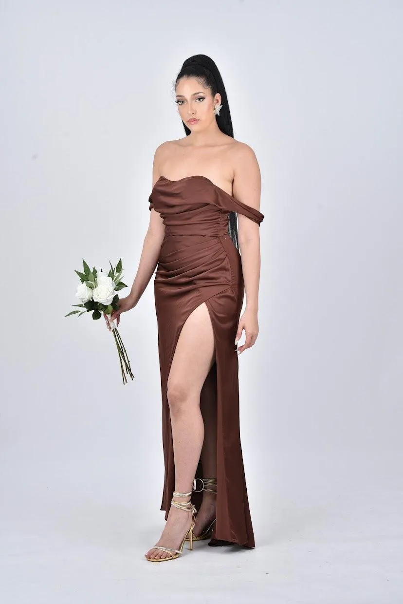 AVERY Satin Off Shoulder Cowl Neck Bridesmaids Maxi Dress with Side Split - Chocolate Brown