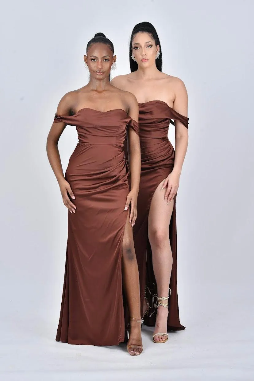 AVERY Satin Off Shoulder Cowl Neck Bridesmaids Maxi Dress with Side Split - Chocolate Brown