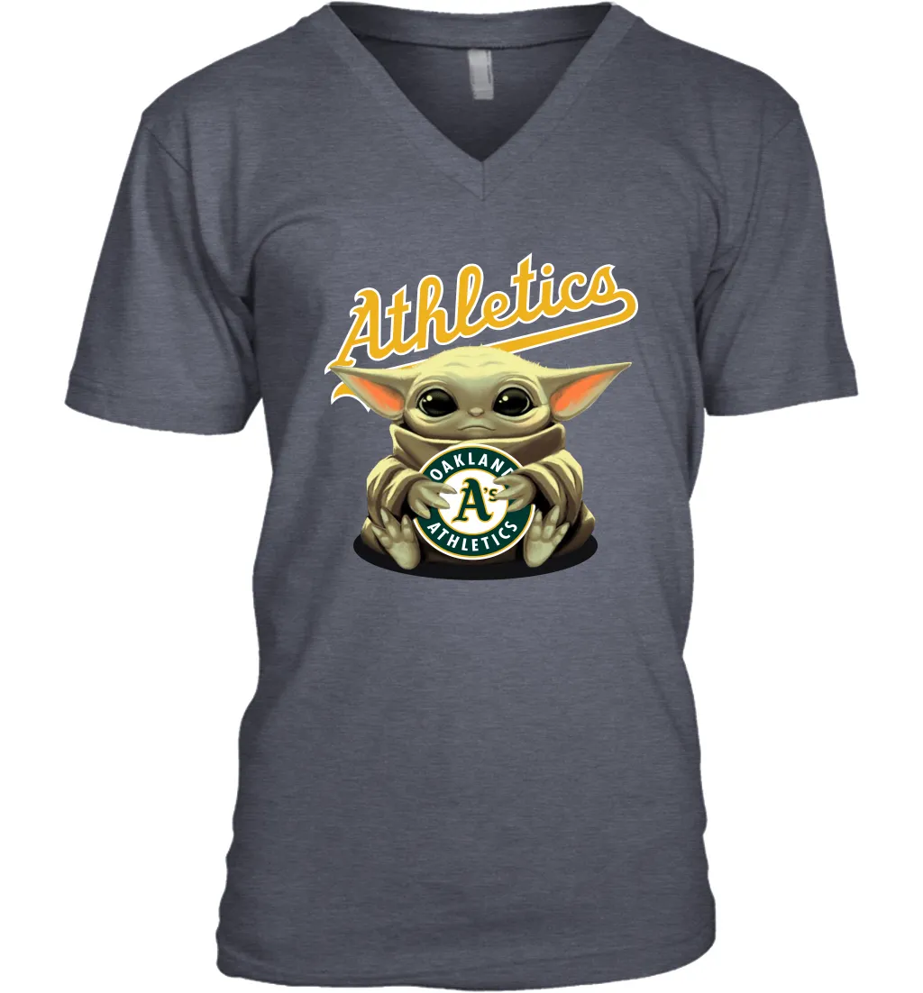 Baby Yoda Hugs Loves The Oakland Athletics Baseball Mens V-Neck T-Shirt