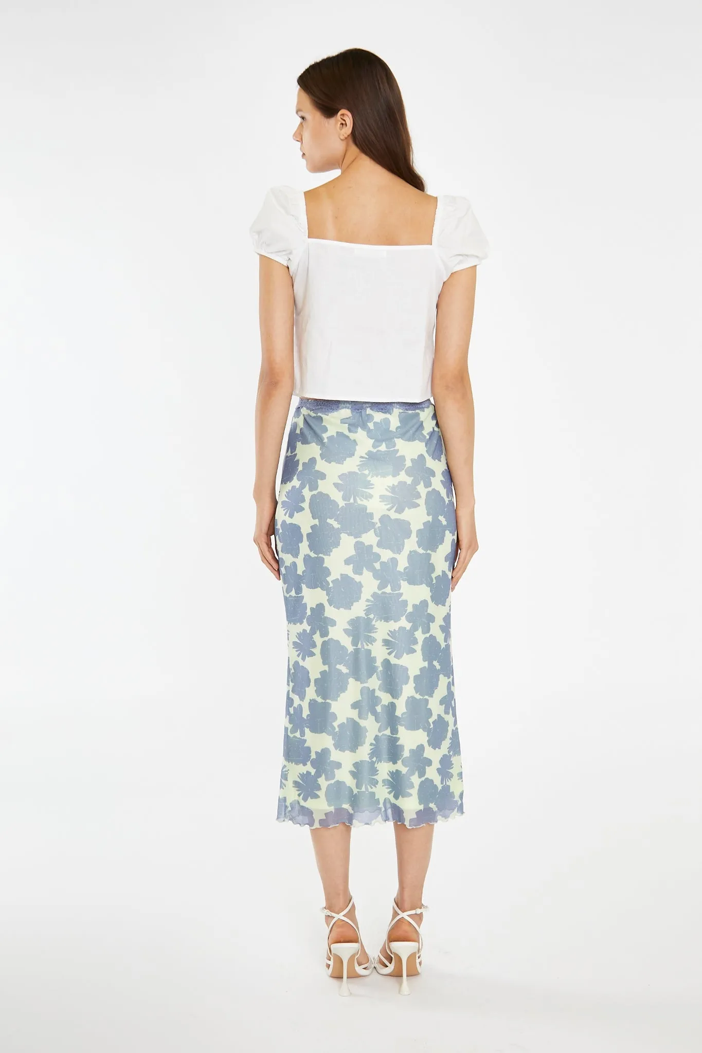 Blue-Green Floral Mesh Lace-Trim Midi-Skirt