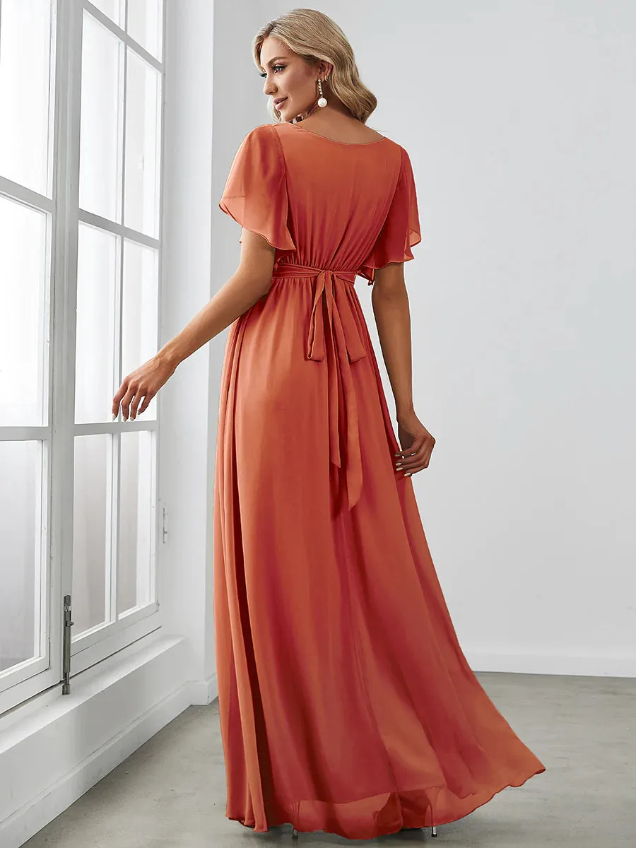 Butterfly Sleeve V-Neck Flowy Bridesmaid Dress