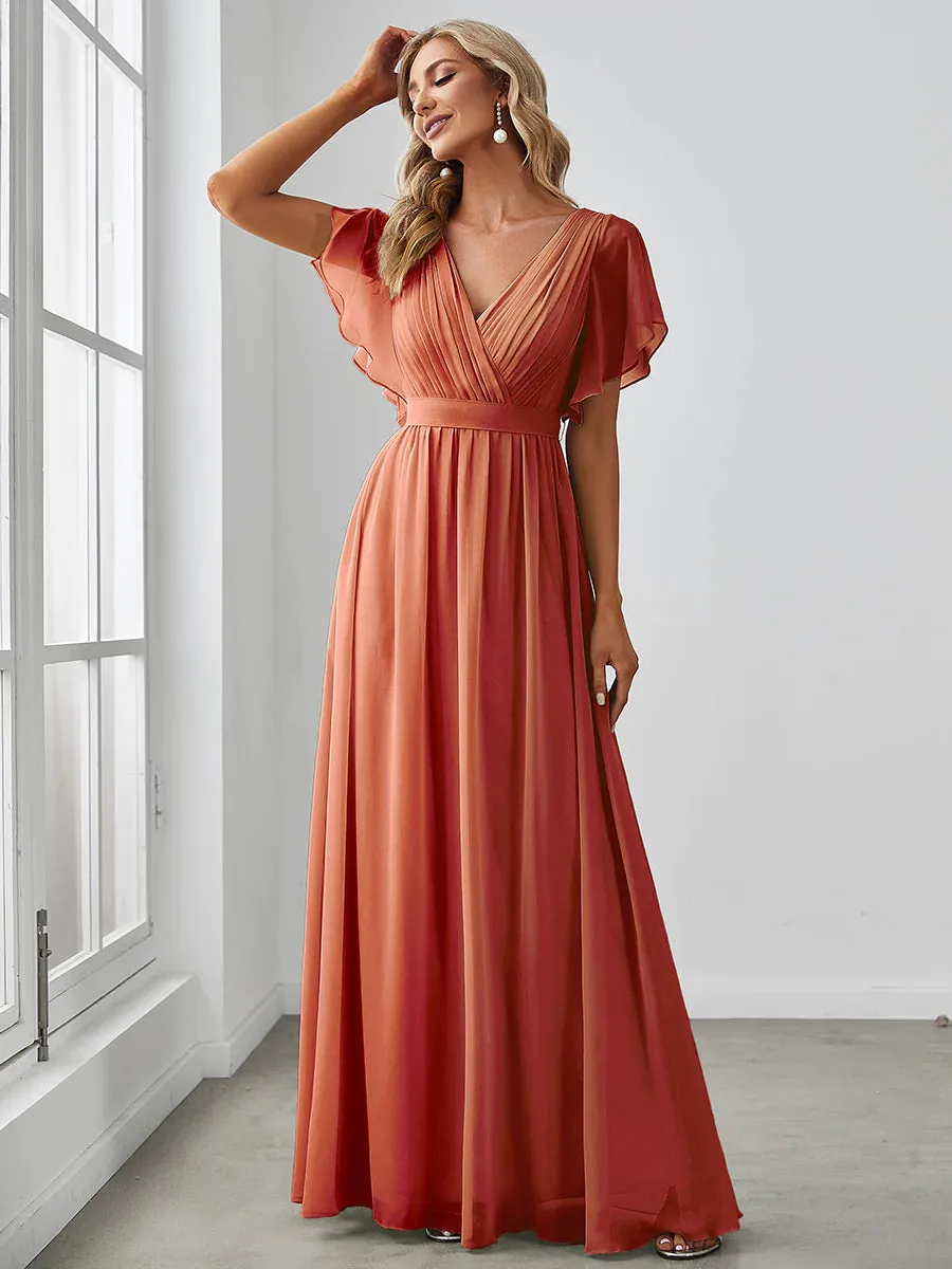 Butterfly Sleeve V-Neck Flowy Bridesmaid Dress