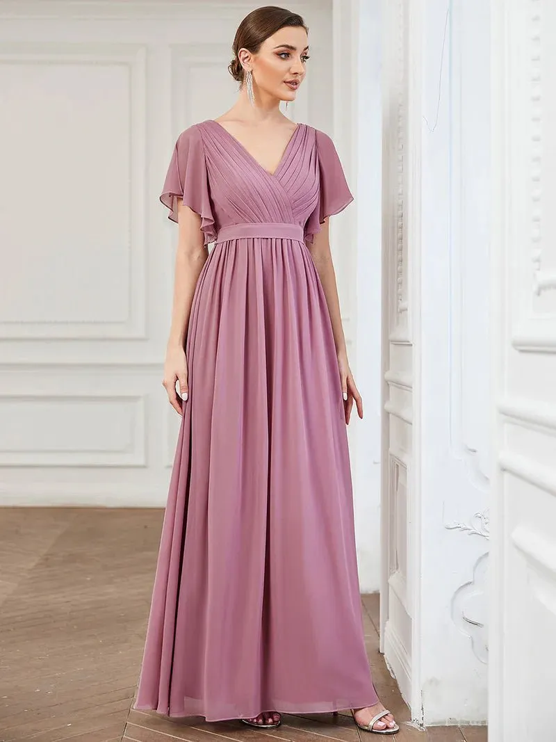 Butterfly Sleeve V-Neck Flowy Bridesmaid Dress