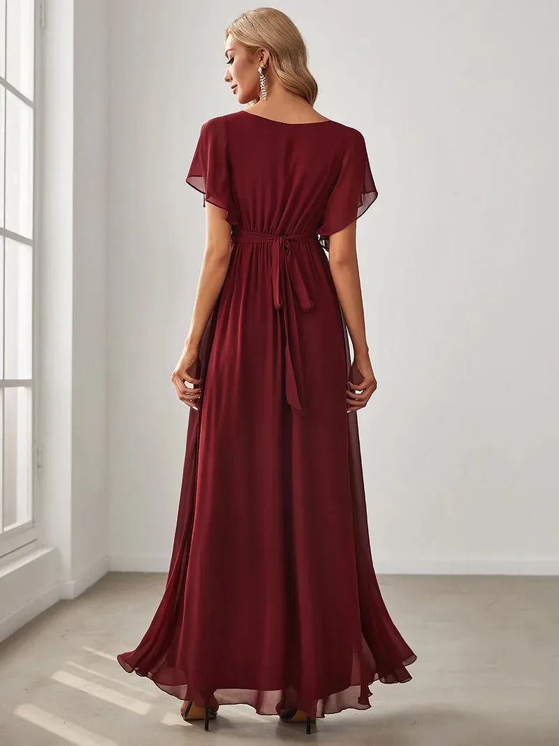 Butterfly Sleeve V-Neck Flowy Bridesmaid Dress