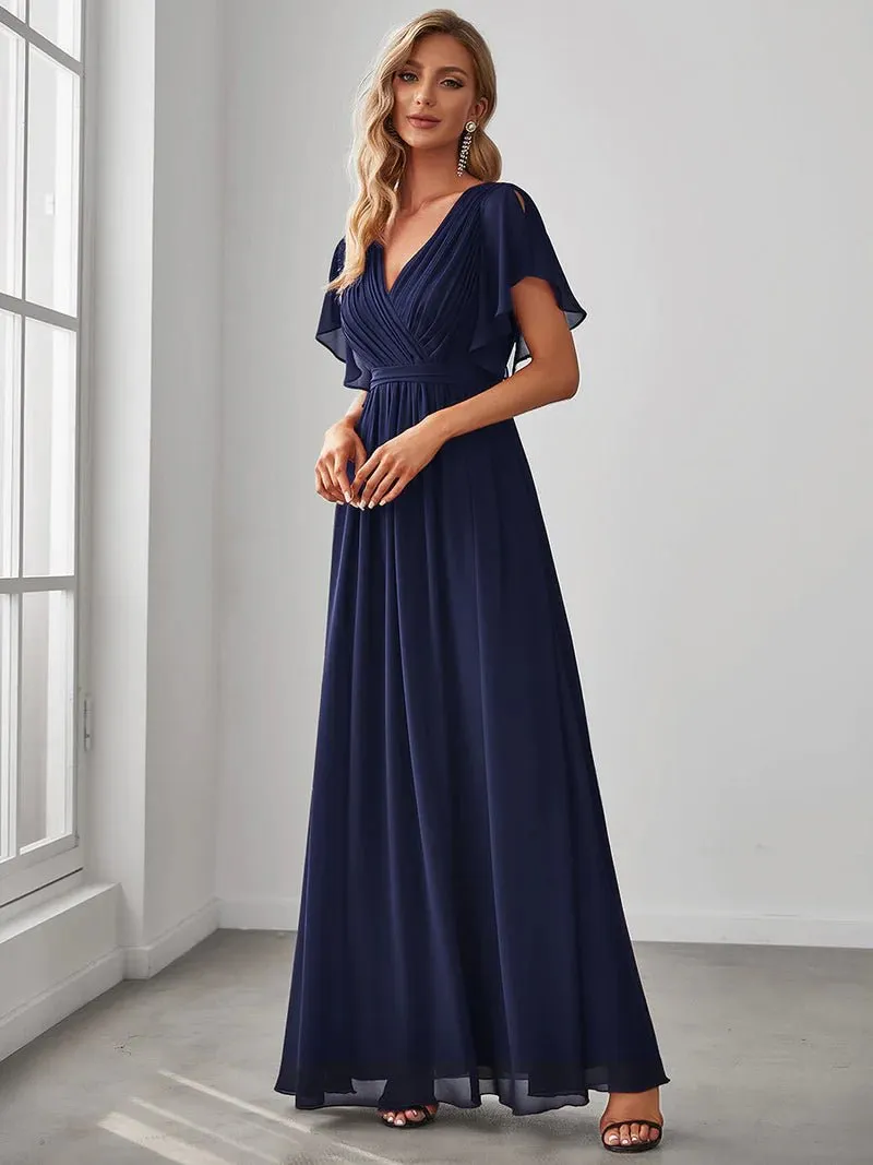 Butterfly Sleeve V-Neck Flowy Bridesmaid Dress