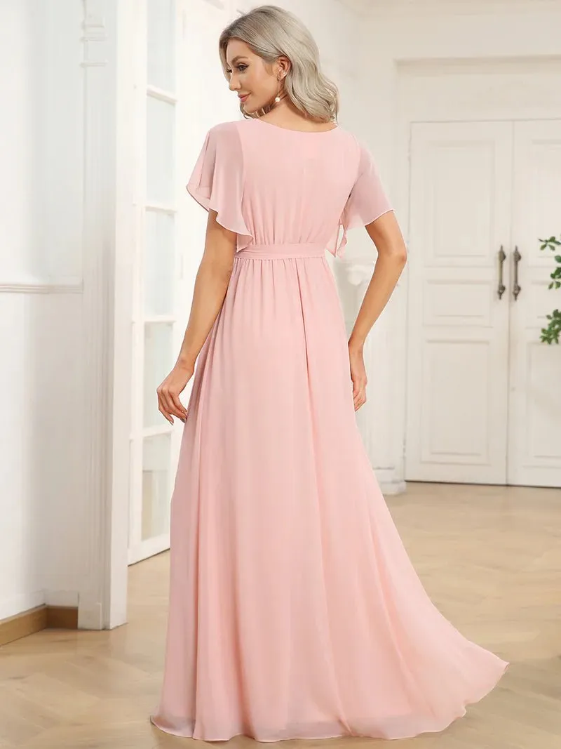 Butterfly Sleeve V-Neck Flowy Bridesmaid Dress