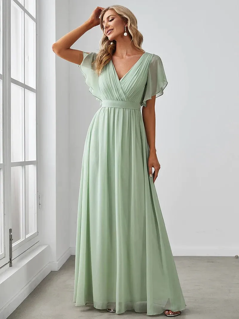 Butterfly Sleeve V-Neck Flowy Bridesmaid Dress