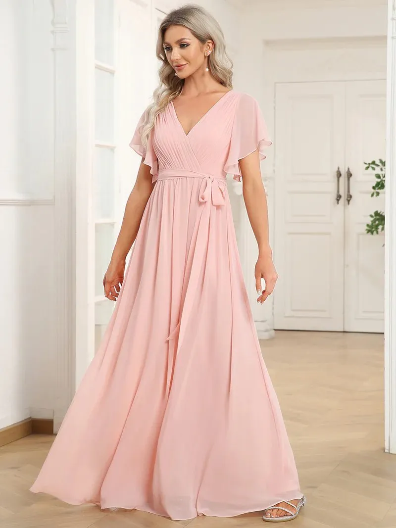 Butterfly Sleeve V-Neck Flowy Bridesmaid Dress