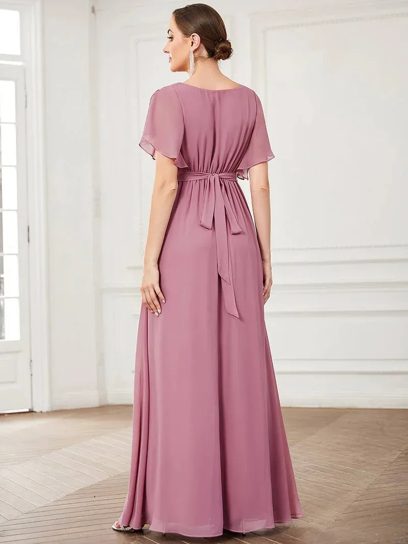 Butterfly Sleeve V-Neck Flowy Bridesmaid Dress