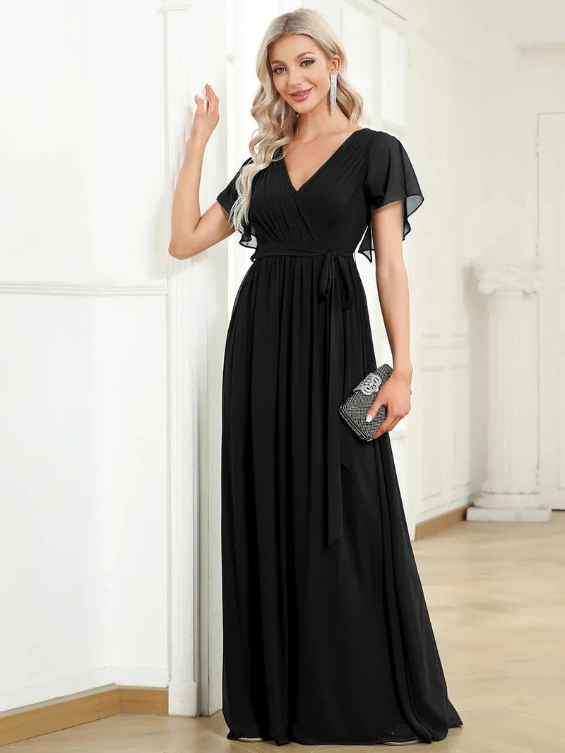 Butterfly Sleeve V-Neck Flowy Bridesmaid Dress