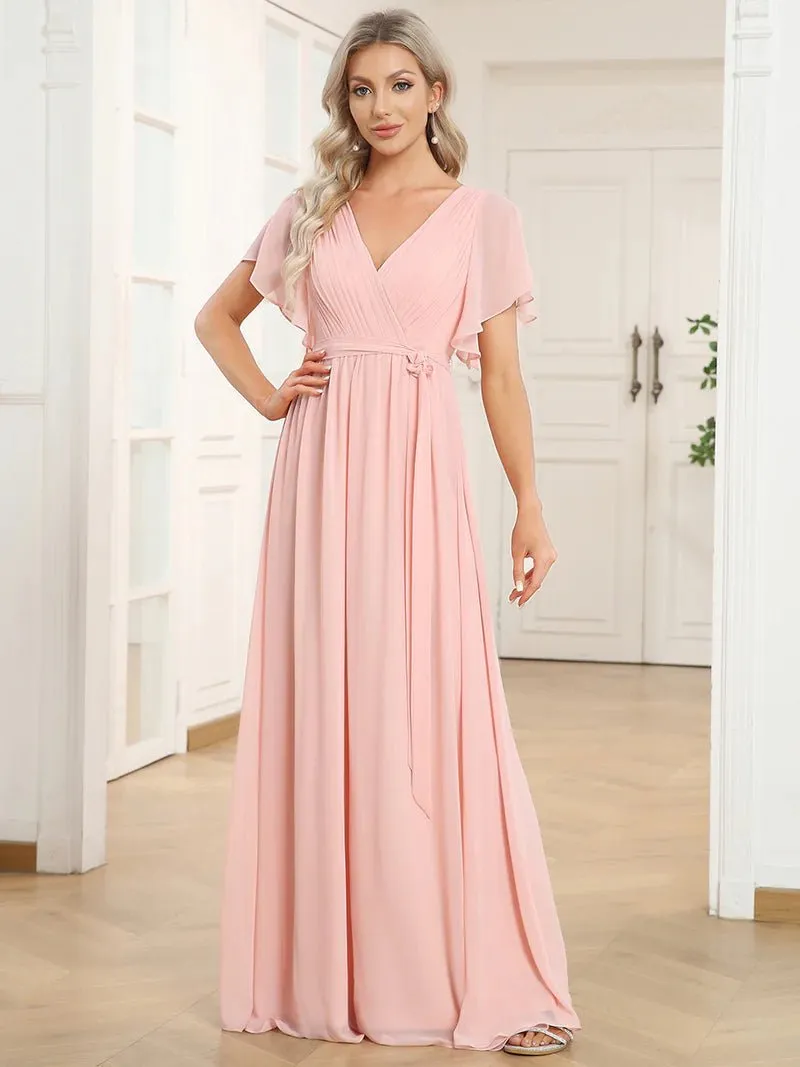 Butterfly Sleeve V-Neck Flowy Bridesmaid Dress