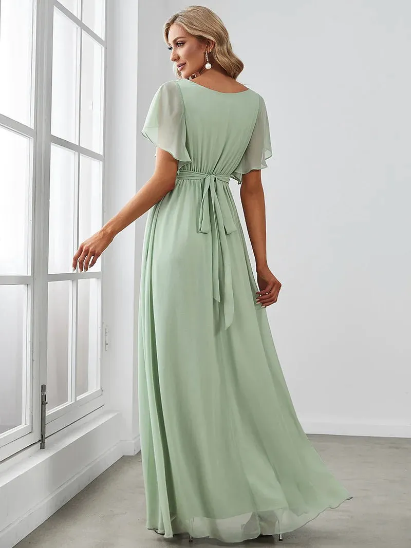 Butterfly Sleeve V-Neck Flowy Bridesmaid Dress