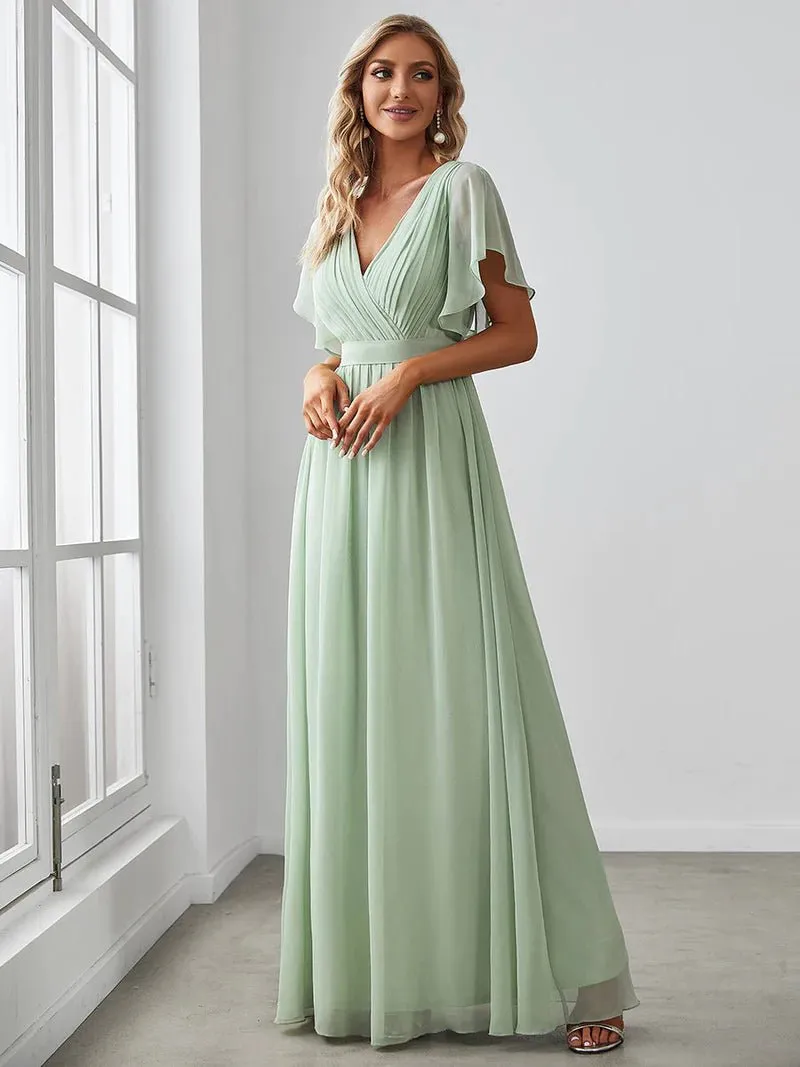 Butterfly Sleeve V-Neck Flowy Bridesmaid Dress