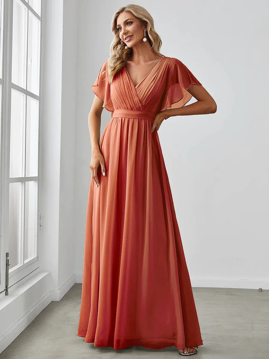 Butterfly Sleeve V-Neck Flowy Bridesmaid Dress