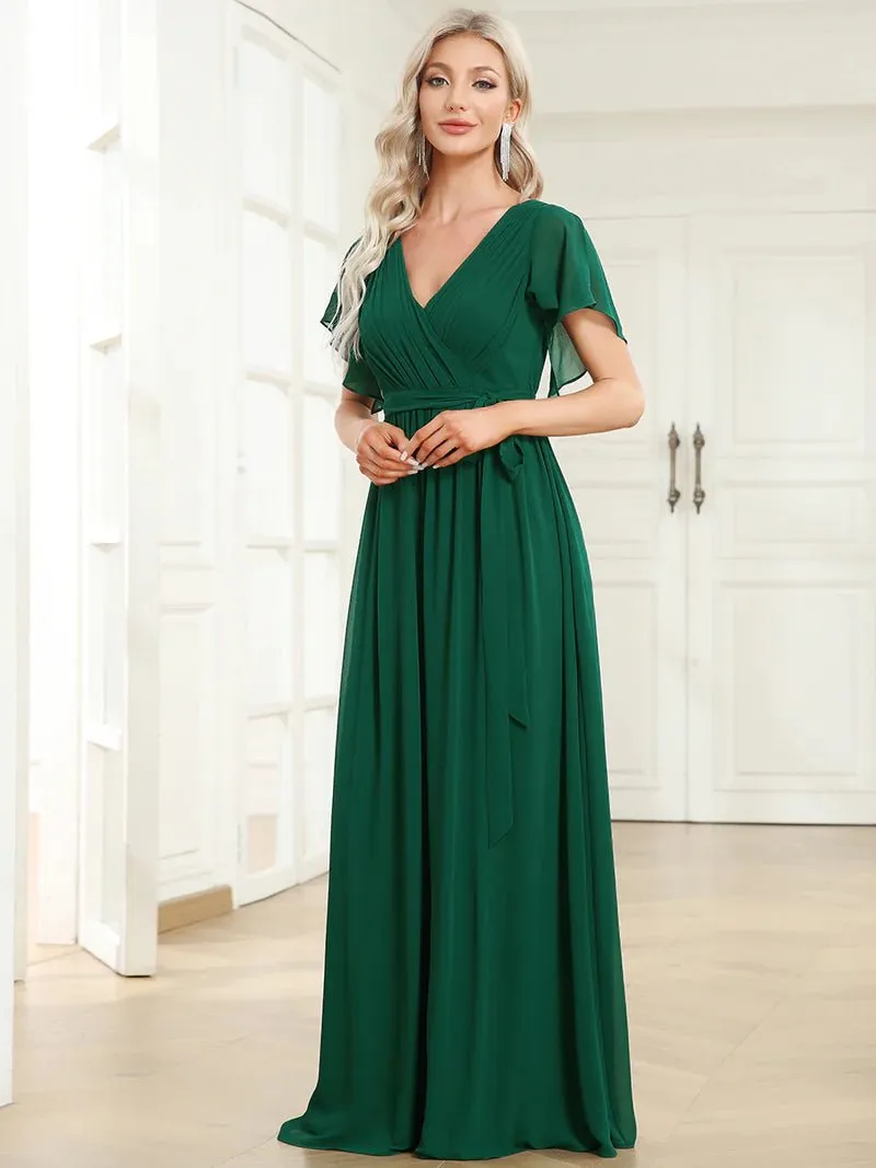 Butterfly Sleeve V-Neck Flowy Bridesmaid Dress