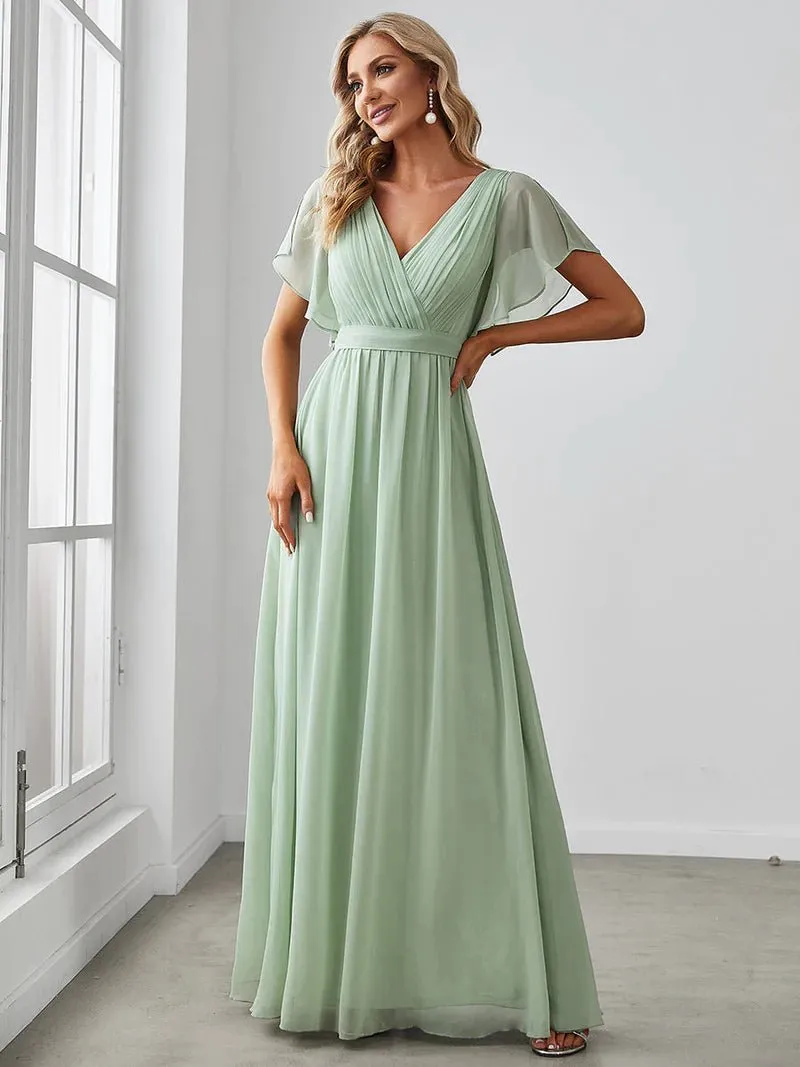 Butterfly Sleeve V-Neck Flowy Bridesmaid Dress