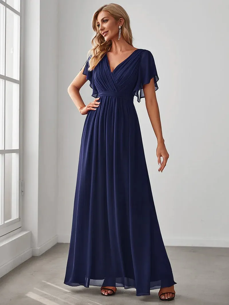 Butterfly Sleeve V-Neck Flowy Bridesmaid Dress