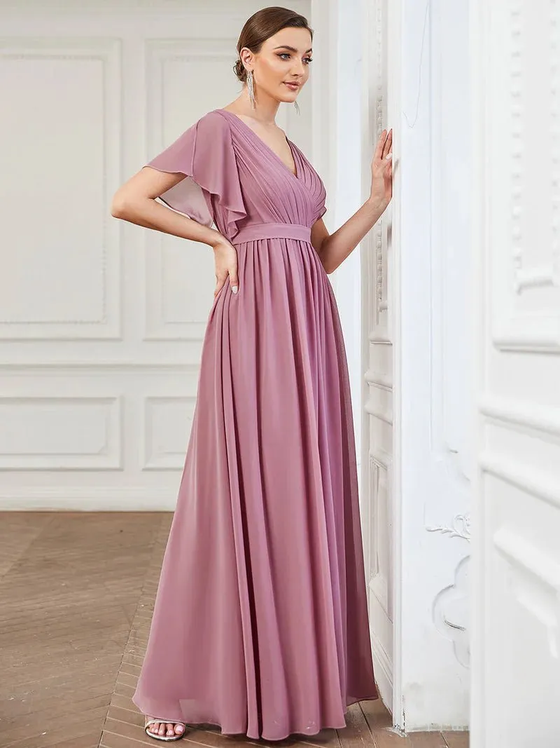 Butterfly Sleeve V-Neck Flowy Bridesmaid Dress