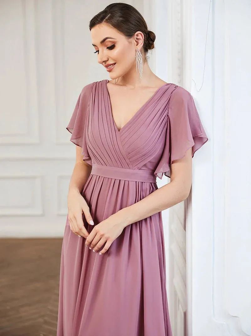 Butterfly Sleeve V-Neck Flowy Bridesmaid Dress