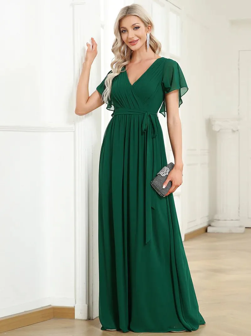 Butterfly Sleeve V-Neck Flowy Bridesmaid Dress