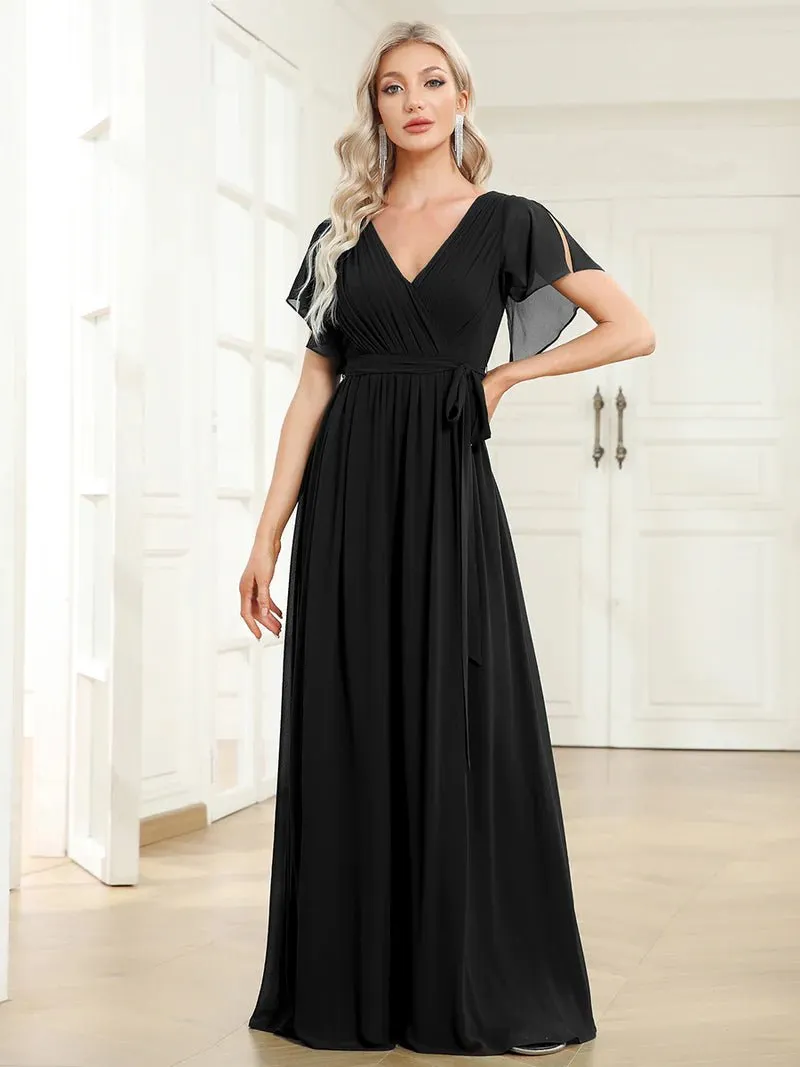 Butterfly Sleeve V-Neck Flowy Bridesmaid Dress