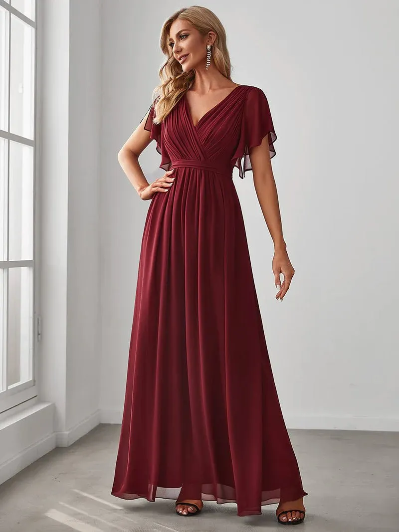 Butterfly Sleeve V-Neck Flowy Bridesmaid Dress