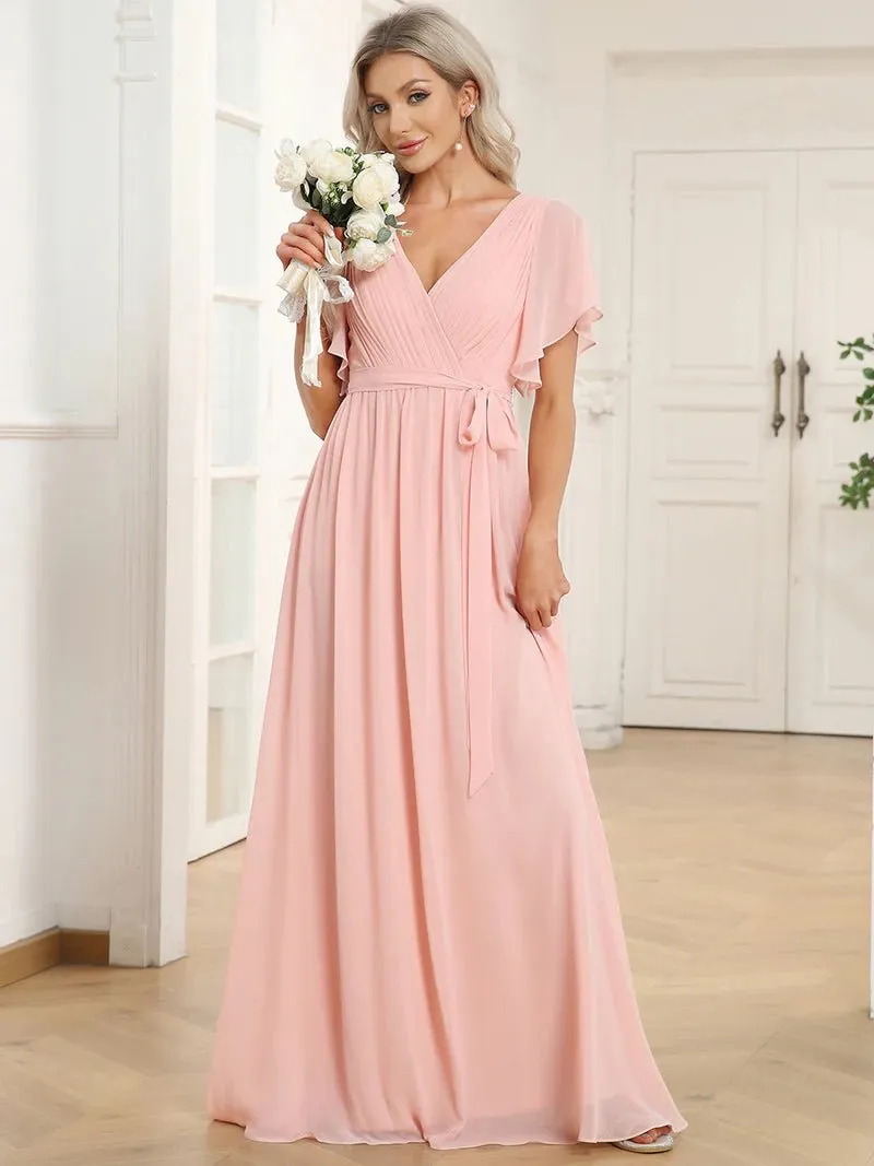 Butterfly Sleeve V-Neck Flowy Bridesmaid Dress