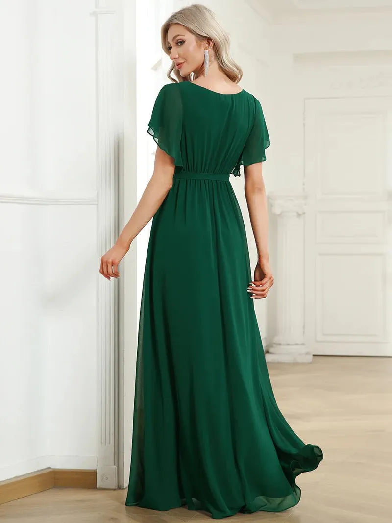 Butterfly Sleeve V-Neck Flowy Bridesmaid Dress