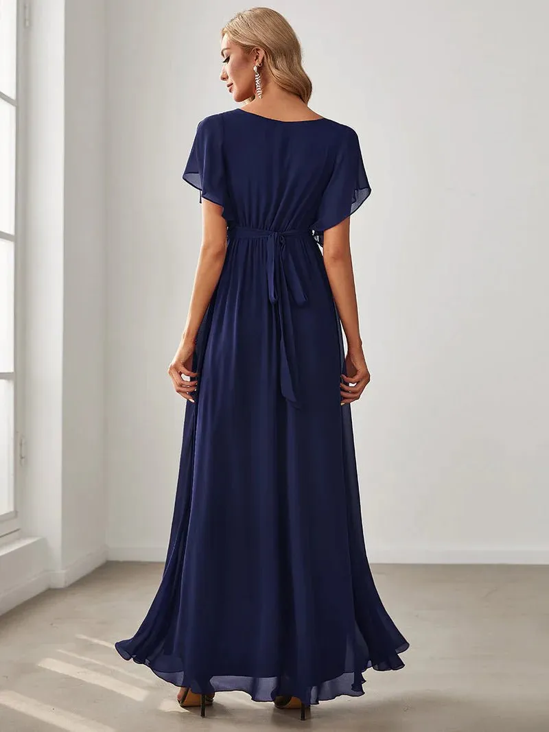 Butterfly Sleeve V-Neck Flowy Bridesmaid Dress