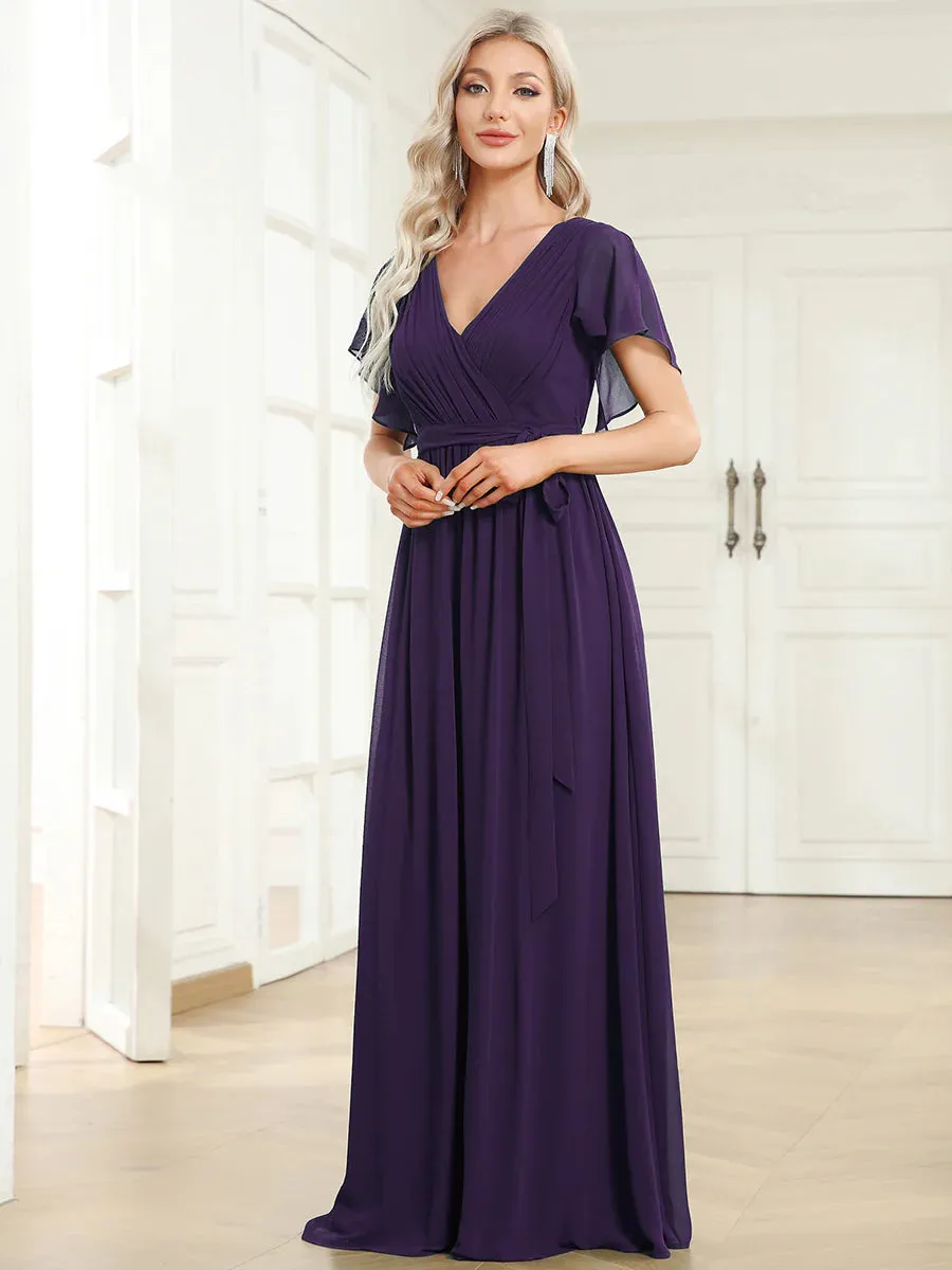 Butterfly Sleeve V-Neck Flowy Bridesmaid Dress