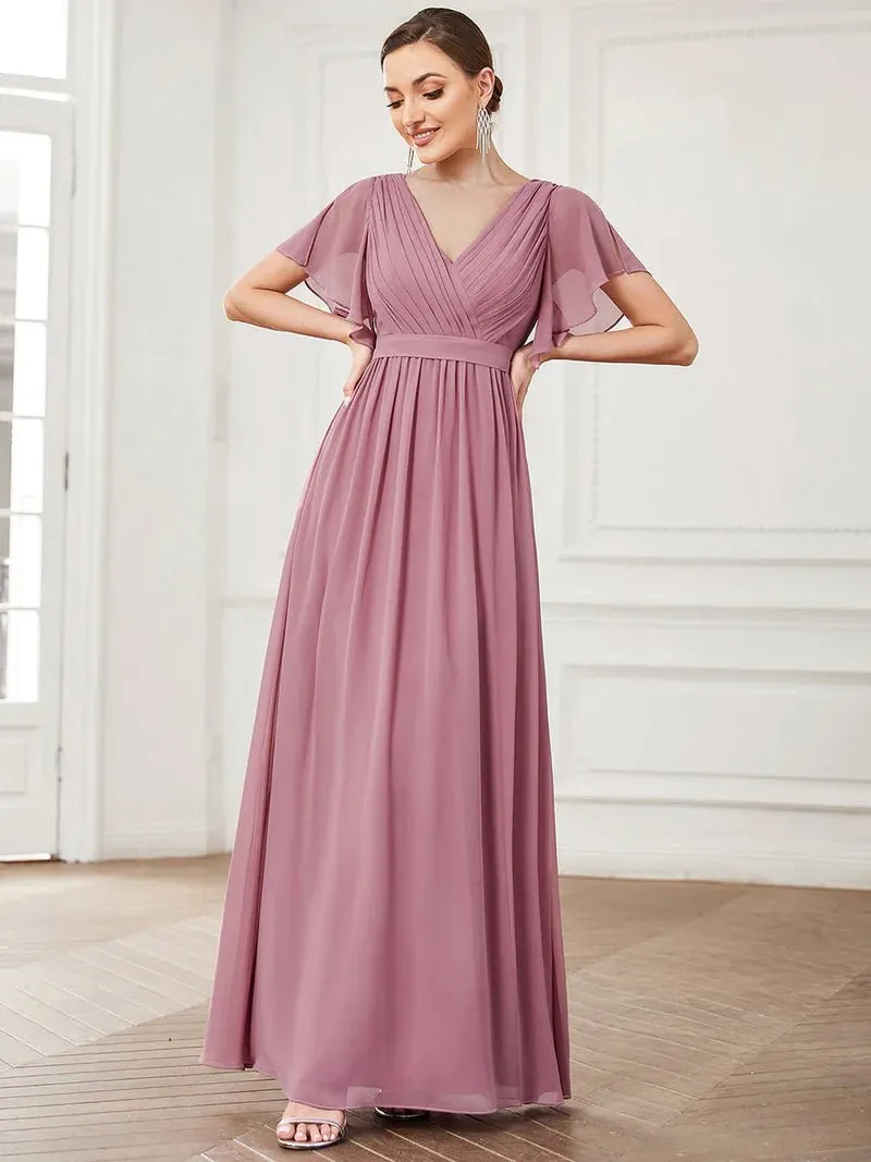 Butterfly Sleeve V-Neck Flowy Bridesmaid Dress