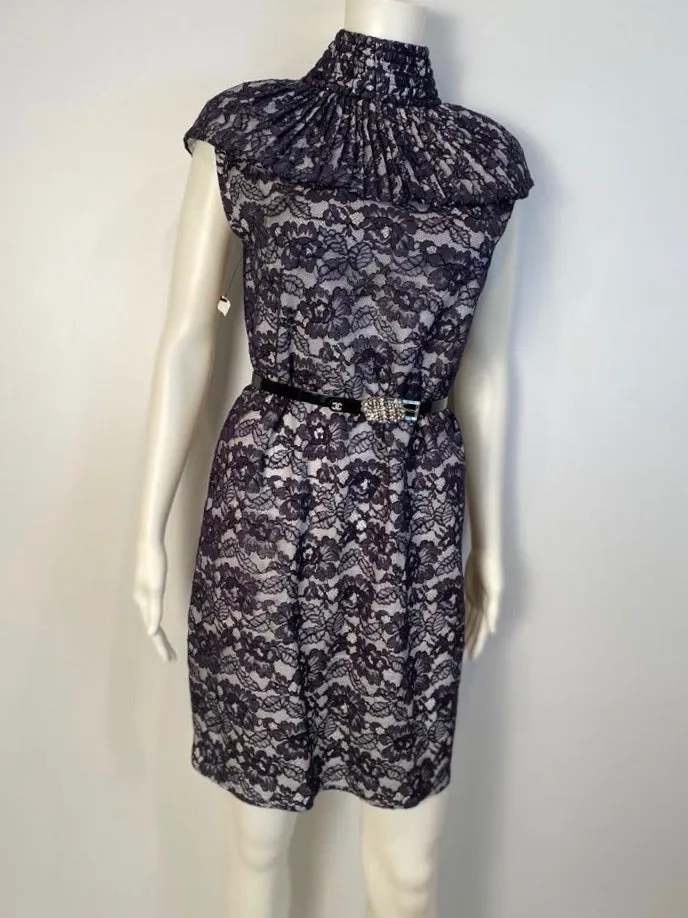 Chanel Navy Blue Cotton Camellia Floral Print Lace Dress FR 42 US 6