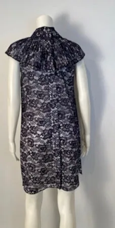 Chanel Navy Blue Cotton Camellia Floral Print Lace Dress FR 42 US 6