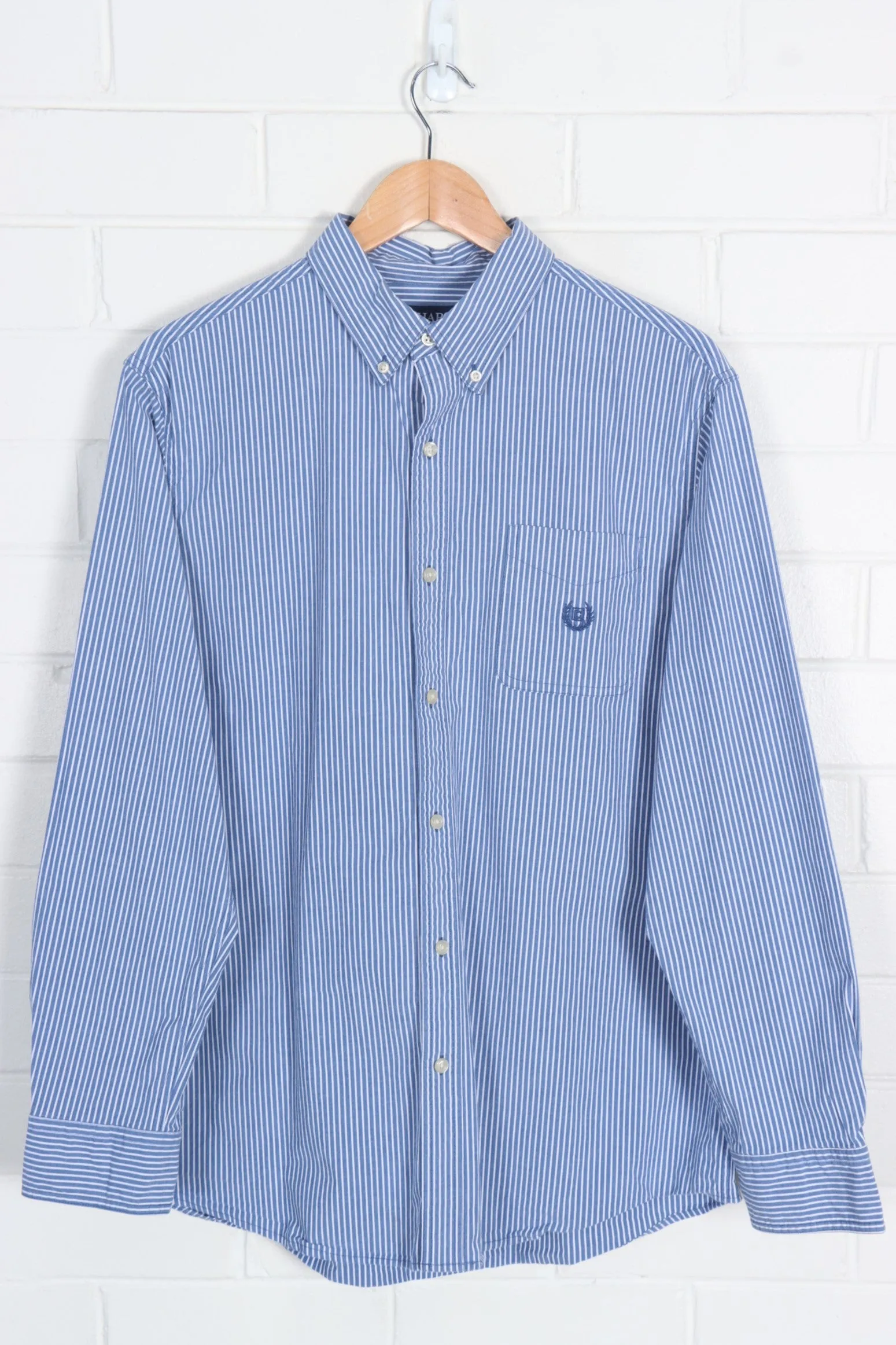 CHAPS Embroidered Crest 'Stretch Poplin' Blue & White Stripe Shirt (L-XL)