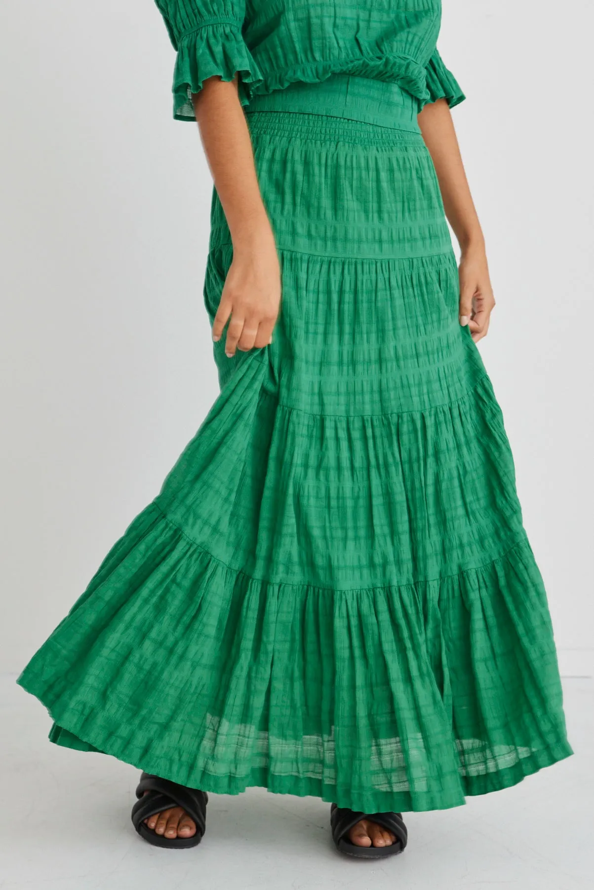 Charming Palm Green Shirred Cotton Tiered Maxi Skirt