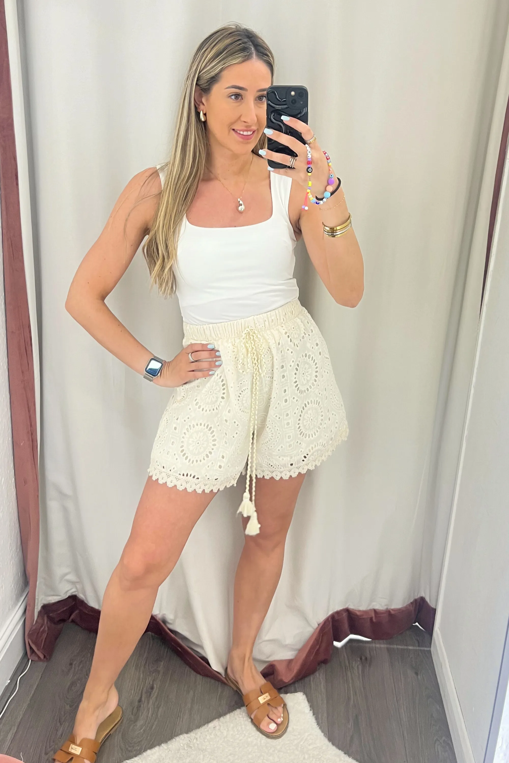 Cream crochet elasticated waist shorts