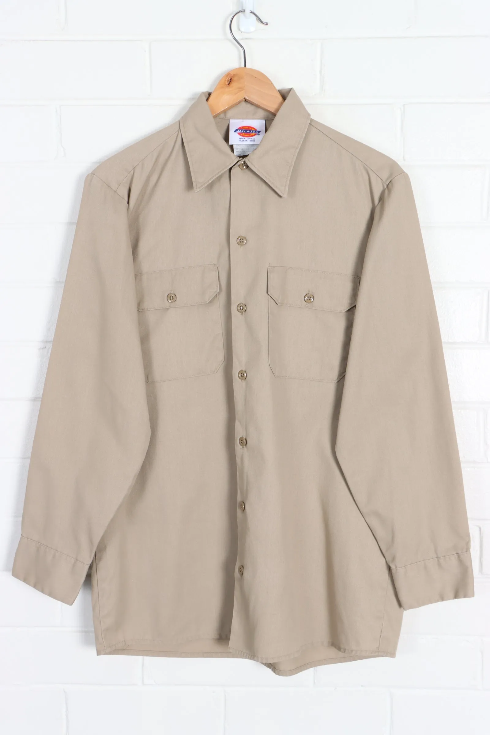 DICKIES Khaki Long Sleeve Utility Work Shirt USA Made (L)