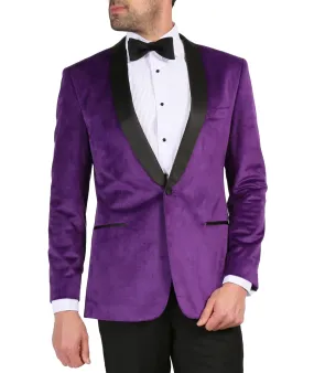 Enzo Collection-Purple Slim Fit Velvet Shawl Tuxedo Blazer