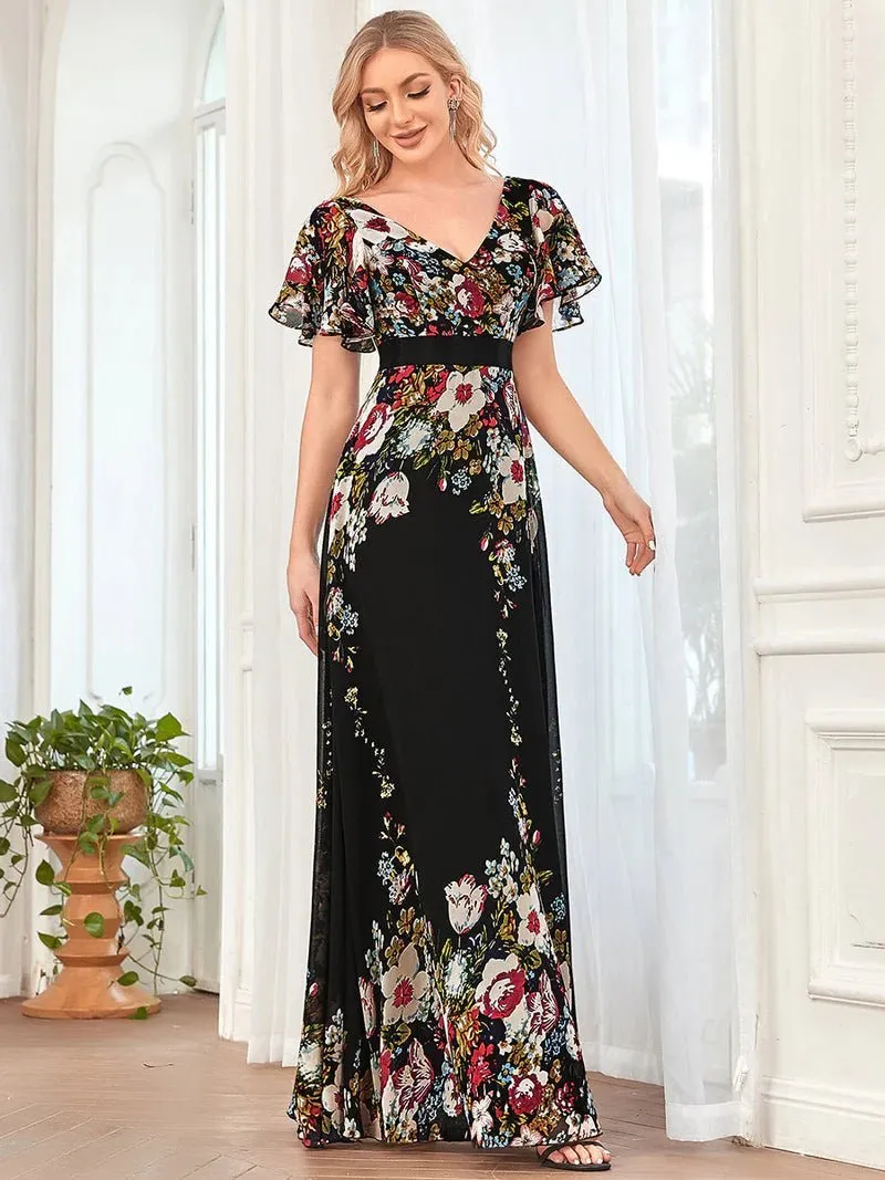 Floral Print V-Neck Butterfly Sleeve Evening Dress