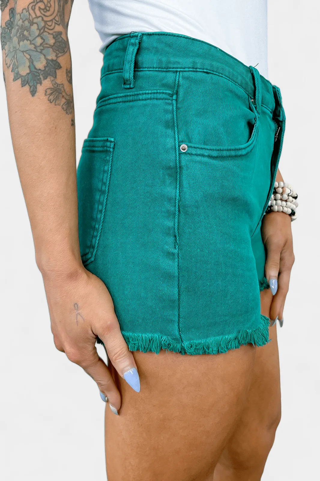 Green Acid Wash Frayed Hem Shorts